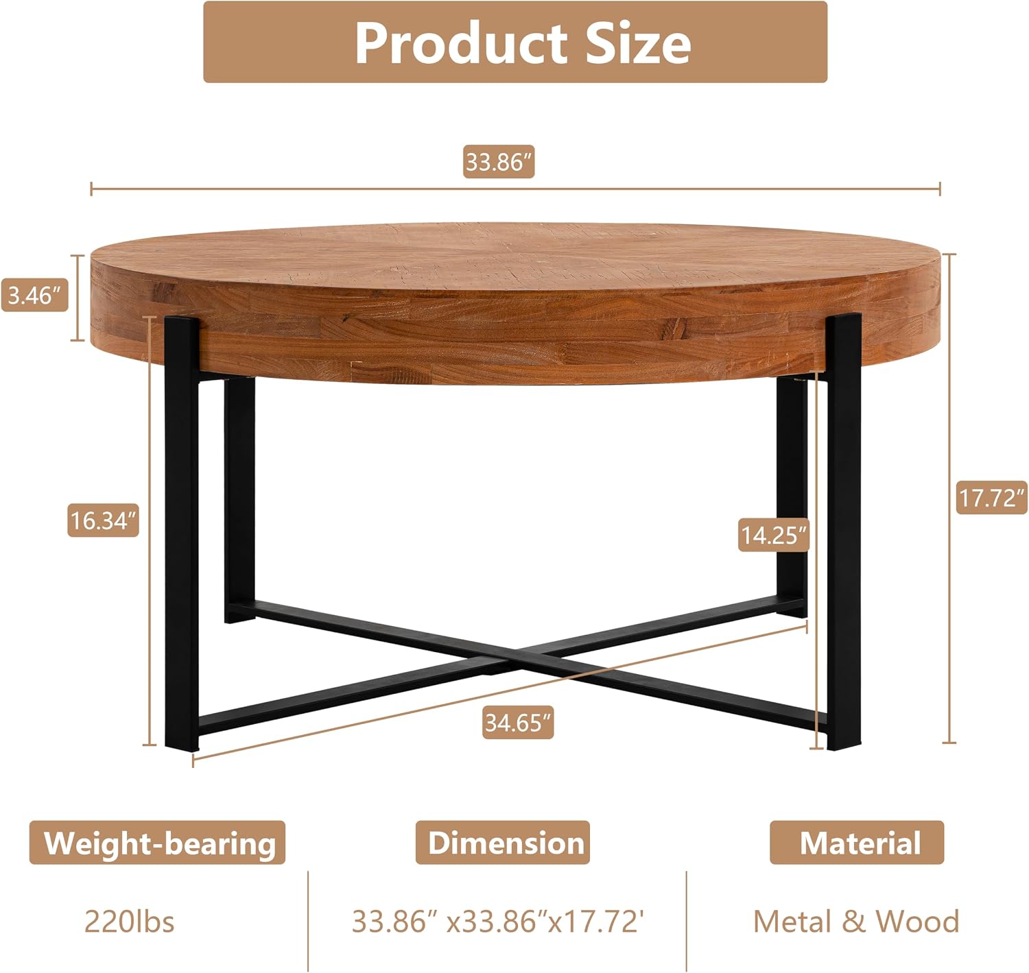 33.86' Round Coffee Table with X-Shaped Black Metal Legs, Solid Wood Circle Table for Living Room, Retro Circular Table, Natural+Black