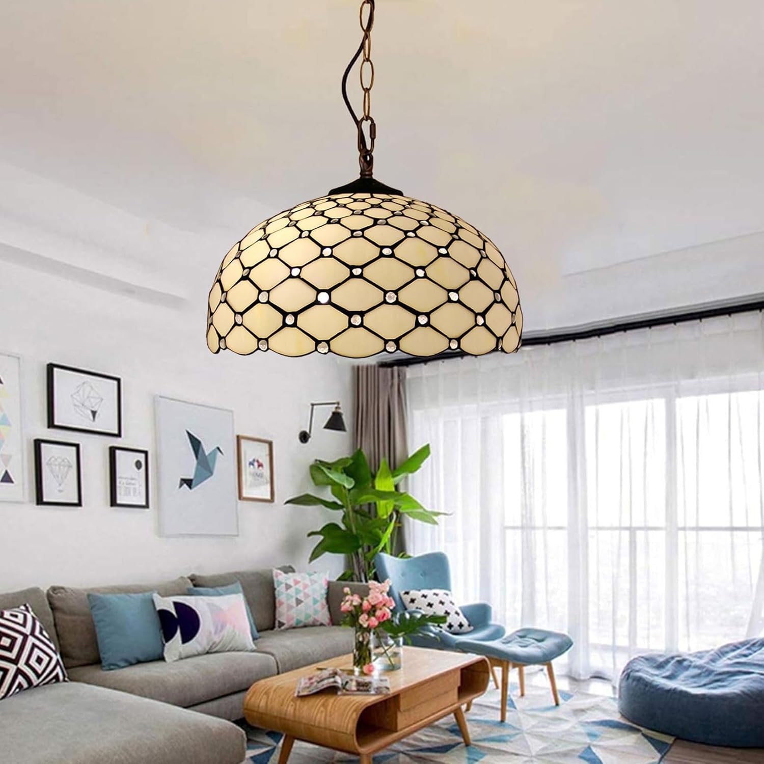 Tiffany Style Cream Amber Stained Glass Bead Lamp Shade Replacement Only 16X9 Inch Lampshades Only with Cap Fit for Bedside Reading Lamp Study Light Kitchen Lamp Dining Room Lamp Floor Lamp
