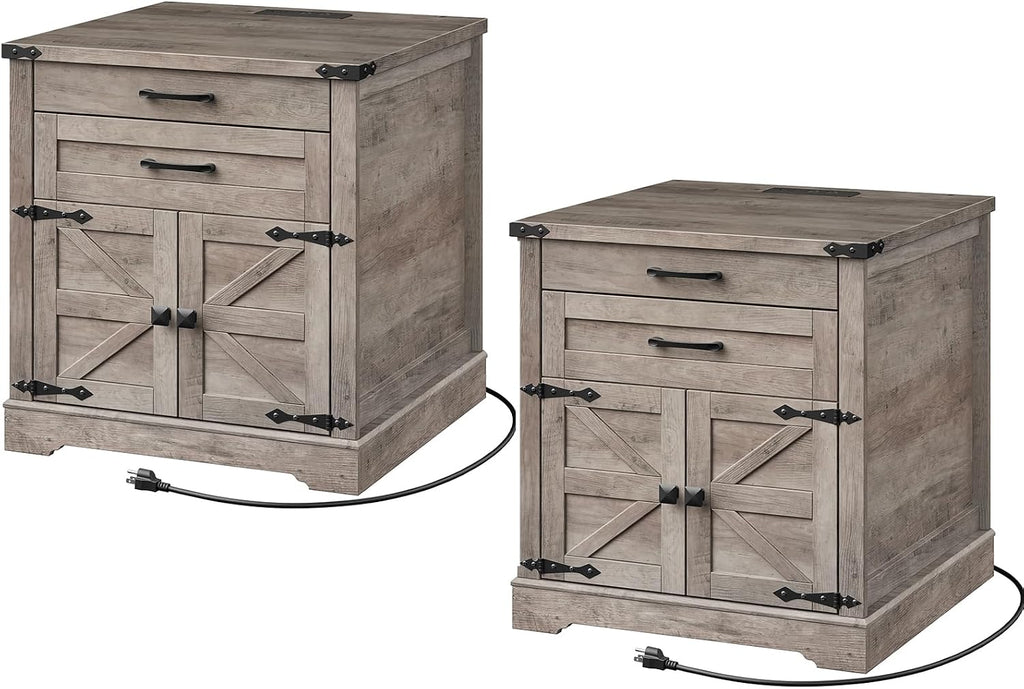 RALGEND Farmhouse End Table Set of 2, 24'' Sofa Side Table with 2 Drawers and Barn Door, Large Rustic Wooden Square Nightstand for Bedroom, Living Room, Greige