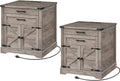 RALGEND Farmhouse End Table Set of 2, 24'' Sofa Side Table with 2 Drawers and Barn Door, Large Rustic Wooden Square Nightstand for Bedroom, Living Room, Greige