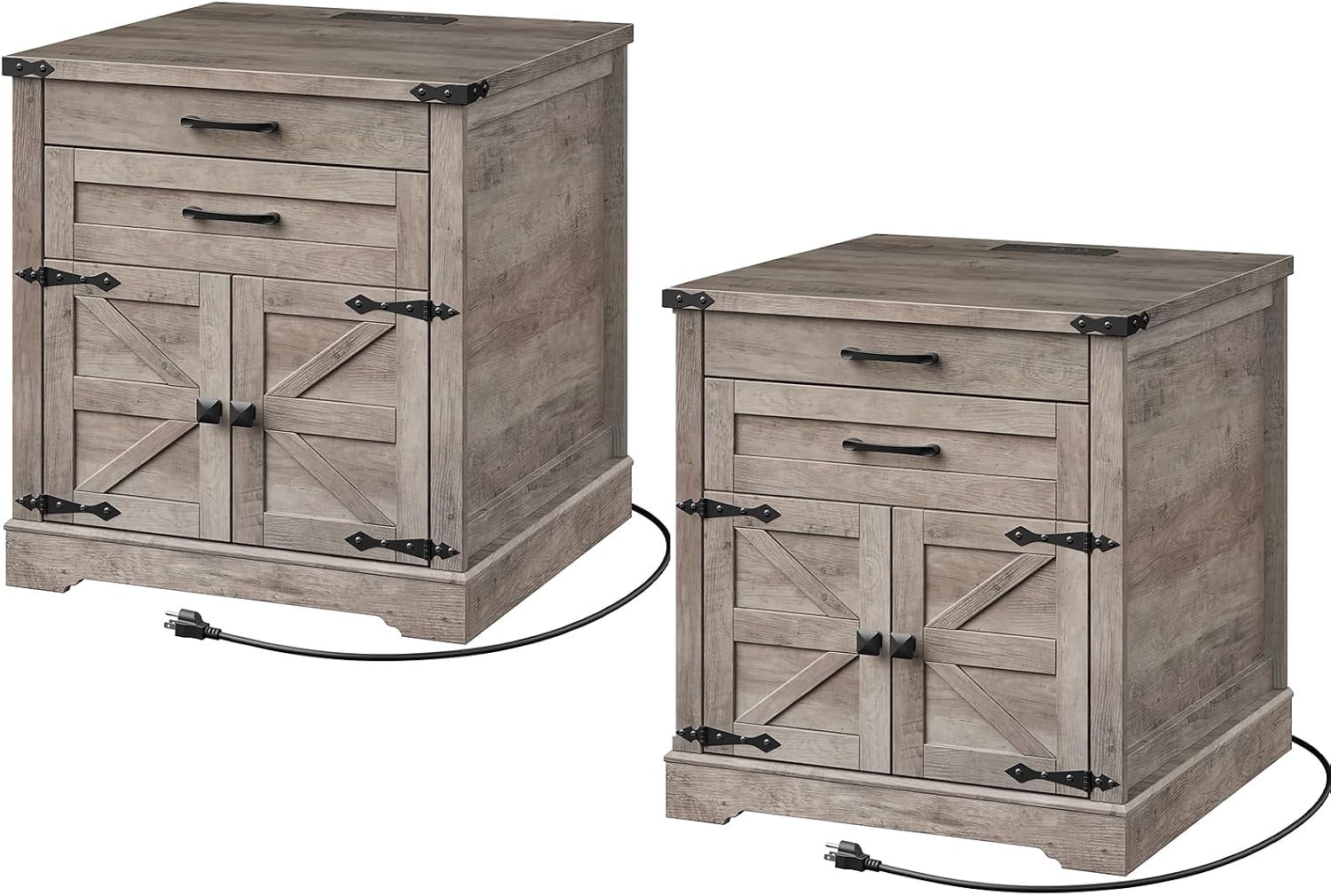 RALGEND Farmhouse End Table Set of 2, 24'' Sofa Side Table with 2 Drawers and Barn Door, Large Rustic Wooden Square Nightstand for Bedroom, Living Room, Greige