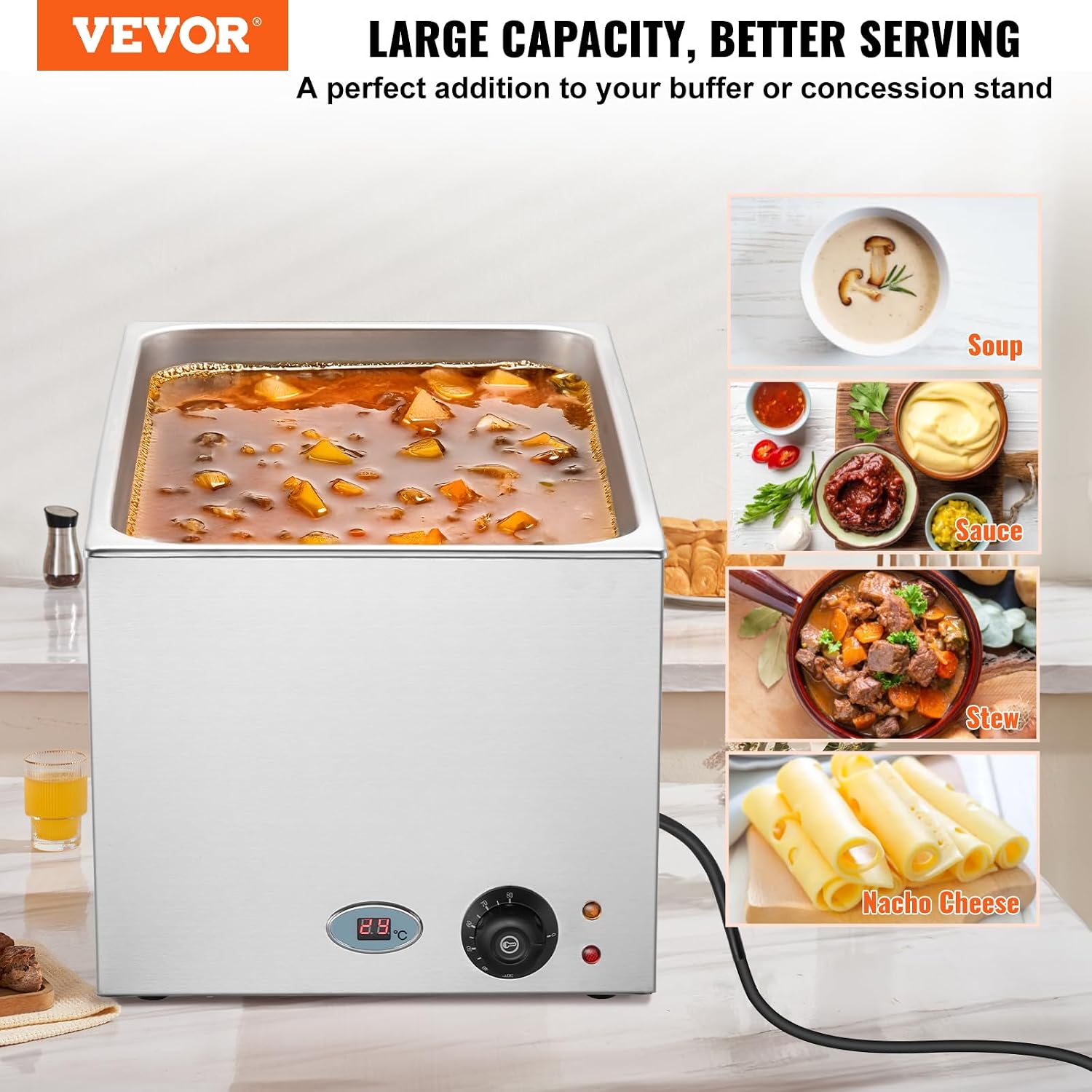 VEVOR Commercial Food Warmer 24QT Bain Marie 1200W Electric Buffet Steam Table - Countertop Stainless Steel for Wet or Dry Use - Parties, Catering and Restaurant