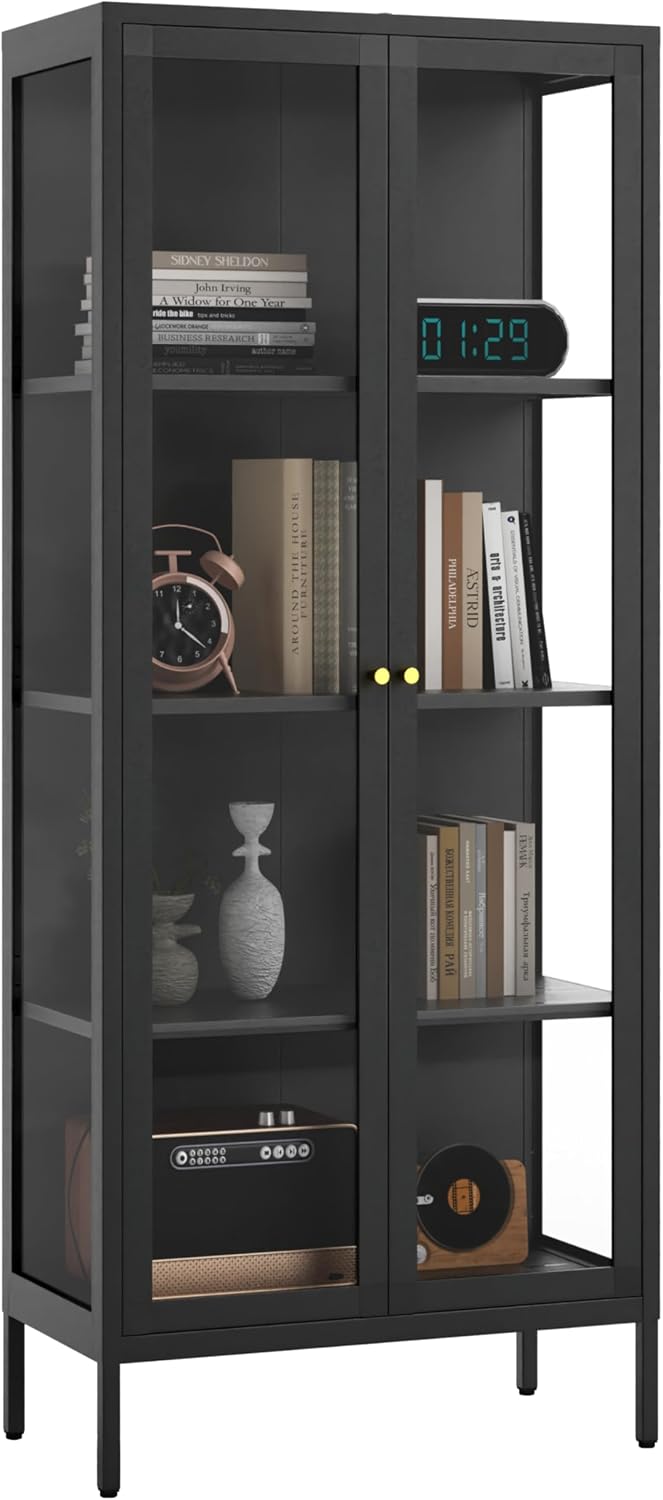 Glass Display Cabinet 4-Tier,66' H Metal Curio Cabinet with Glass Doors and 3 Adjustable Shelves,Display Case for Collectibles,Living Room (No Lights, Black)