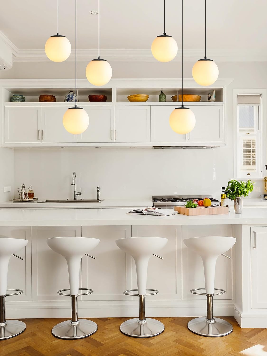 ykolupty 3-Light Globe Pendant Light Modern White Globe Glass Chandelier Black Hanging Fixture for Kitchen Island Foyer Hallway Dining Room