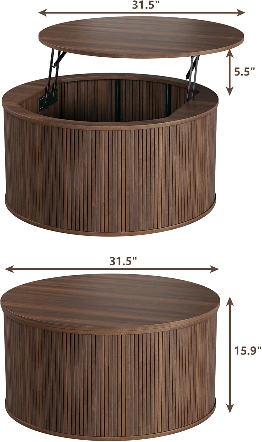 HUAHUU Round Coffee Table with Storage, 31.5' Lift Top Coffee Table, Mid Century Modern Coffee Tables for Living Room, Apartment Office, Fluted Table with Rustic Wood Desktop, Walnut