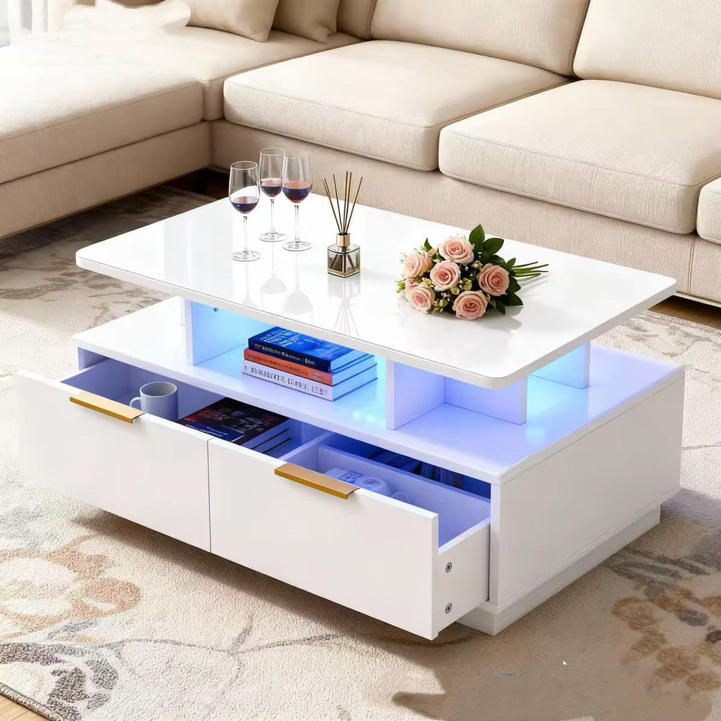 GarveeHome High Gloss LED Coffee Table,35' Modern High Glossy Wood CocktailCoffee Tables with Storage,2-Tier Living Room Table Center Tables with 4 Drawers&Open Shelf,Sofa Table for Home/Office(White
