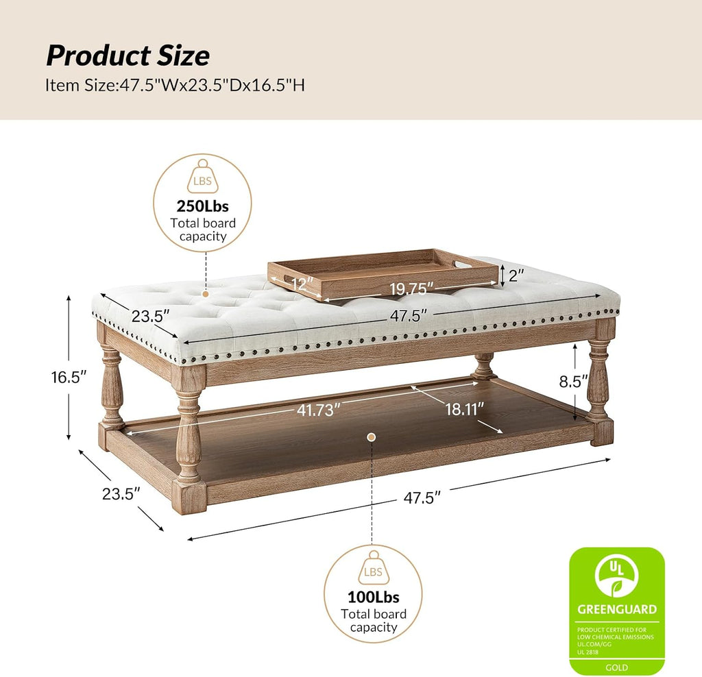 HULALA HOME Rectangle Ottoman Coffee Table with Tray, Tufted Living Room Ottoman with Solid Wood Storage Shelf, Ivory