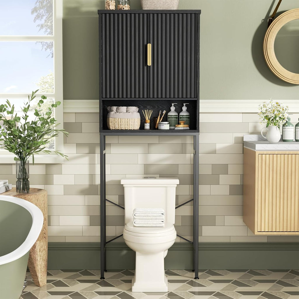 Over The Toilet Storage Cabinet with Fluted Doors and Adjustable Shelf, Tall Bathroom Organizer with Metal Stand Space Saver Over Toilet , Wood Rack for Bathroom, Restroom, Laundry, Natural Black