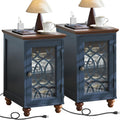 Joaxswe Narrow Side Table with Charging Station Set of 2, Night Stand with Glass Door,Bedside End Tables with Adjustable Shelf Storage Cabinet,Wood Nightstand for Small Spaces Living Room Bedroom