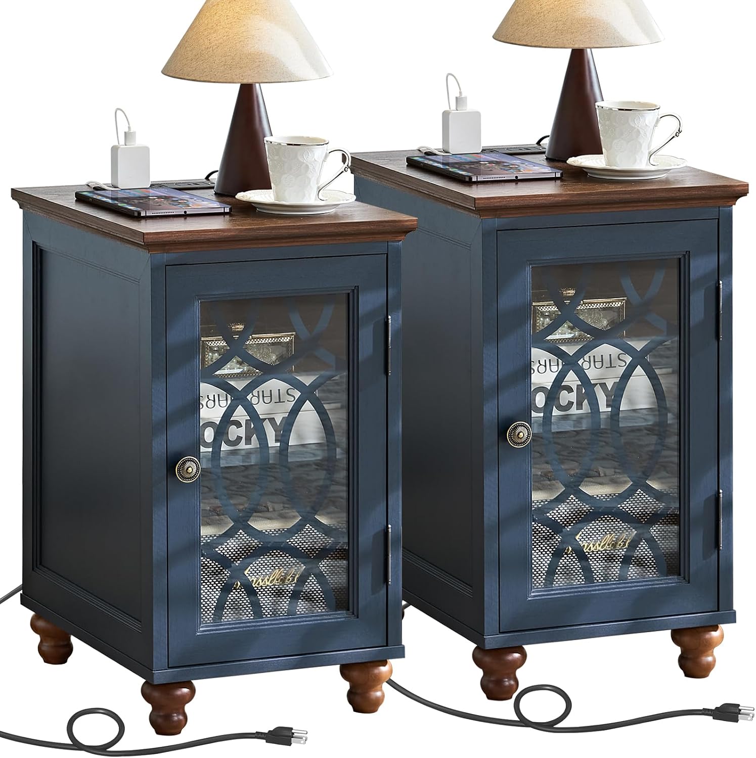 Joaxswe Narrow Side Table with Charging Station Set of 2, Night Stand with Glass Door,Bedside End Tables with Adjustable Shelf Storage Cabinet,Wood Nightstand for Small Spaces Living Room Bedroom