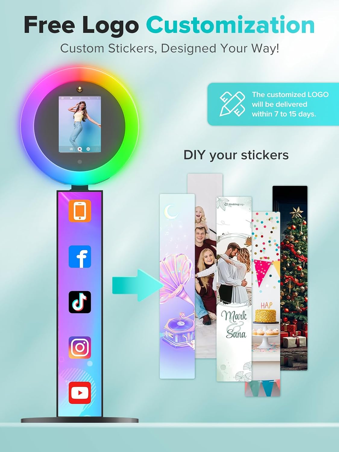 Portable Photo Booth Stand, 22' RGB Light, Open Air Booth for Events | Music Sync Ring, APP AI Face Detection, External Printer Support, Fits 7.9'-13' Tablets, Flight Case