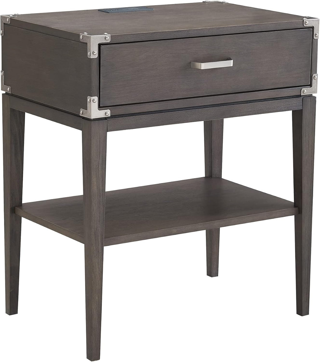 Leick Home 24022 Beckett Nightstand Side Table One Drawer Rustic USB-C Fast Charging Station, A/C and USB Charging Port Integrated Durable Solid Wood Living Room, Bedroom, Office, Anthracite/Pewter
