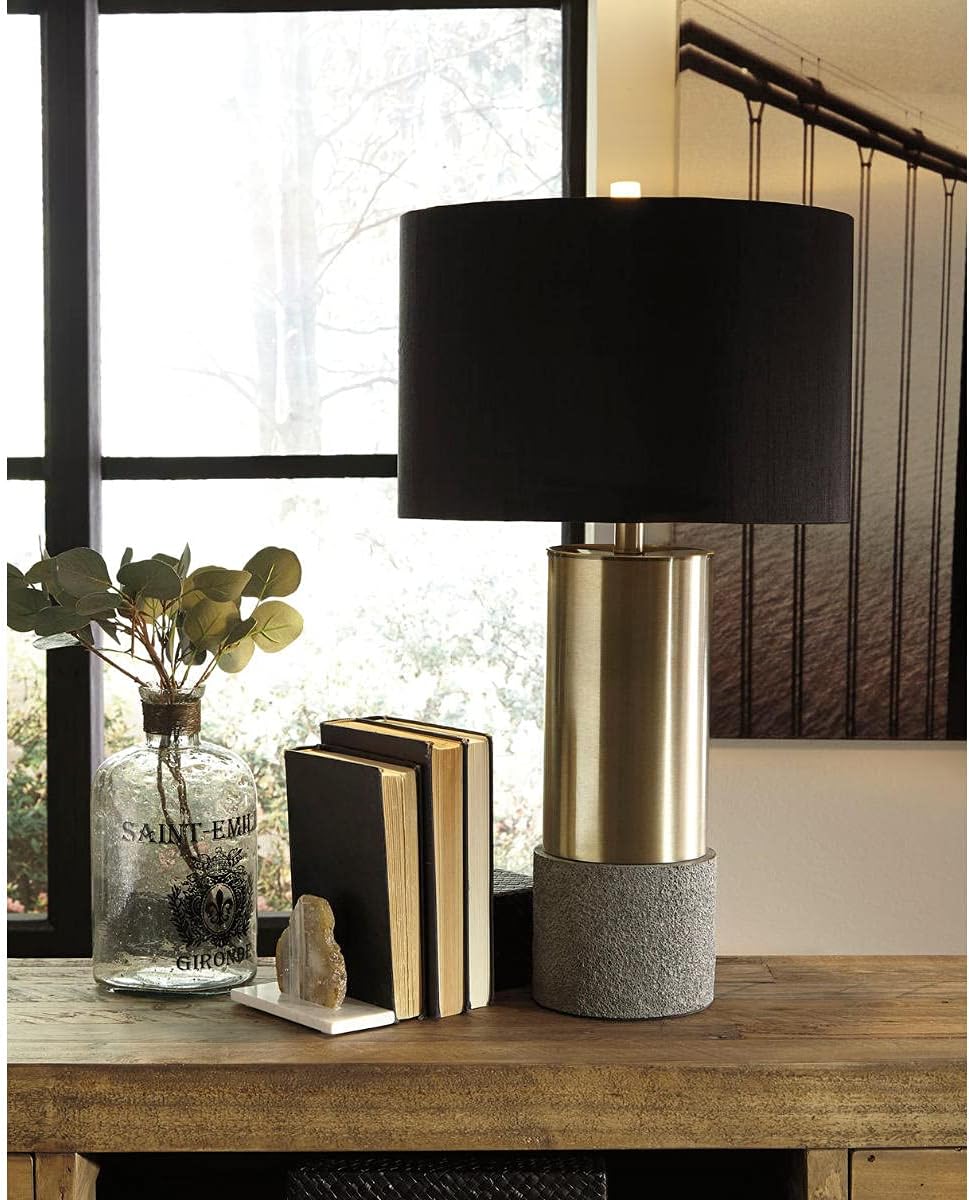 Signature Design by Ashley Jacek Contemporary Table Lamp, 2 Count, 3 Way Switch, Metal, Poly Resin and Drum Shade, 15' W x 15' D x 27.25' H, Gray & Brass Finish