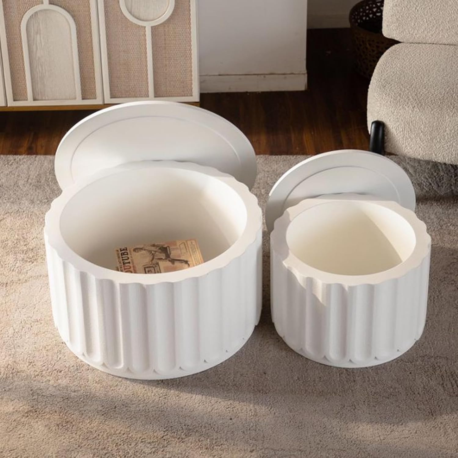 WILLIAMSPACE 46.46' White Round Nesting Coffee Table Set of 2 with Storage & Lift-Off Lid, Modern Circle Drum Center Tables Curved-Edge Shape Tea Table for Living Room, No Assembly (White)