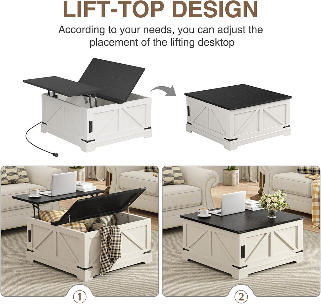 FiveWillowise Coffee Table with Storage, Farmhouse Lift Top Wood Square Center Table with Charging Station, Rustic Cocktail Tables with Flip Top Lids for Living Room, Home Office, 35.4' W, White