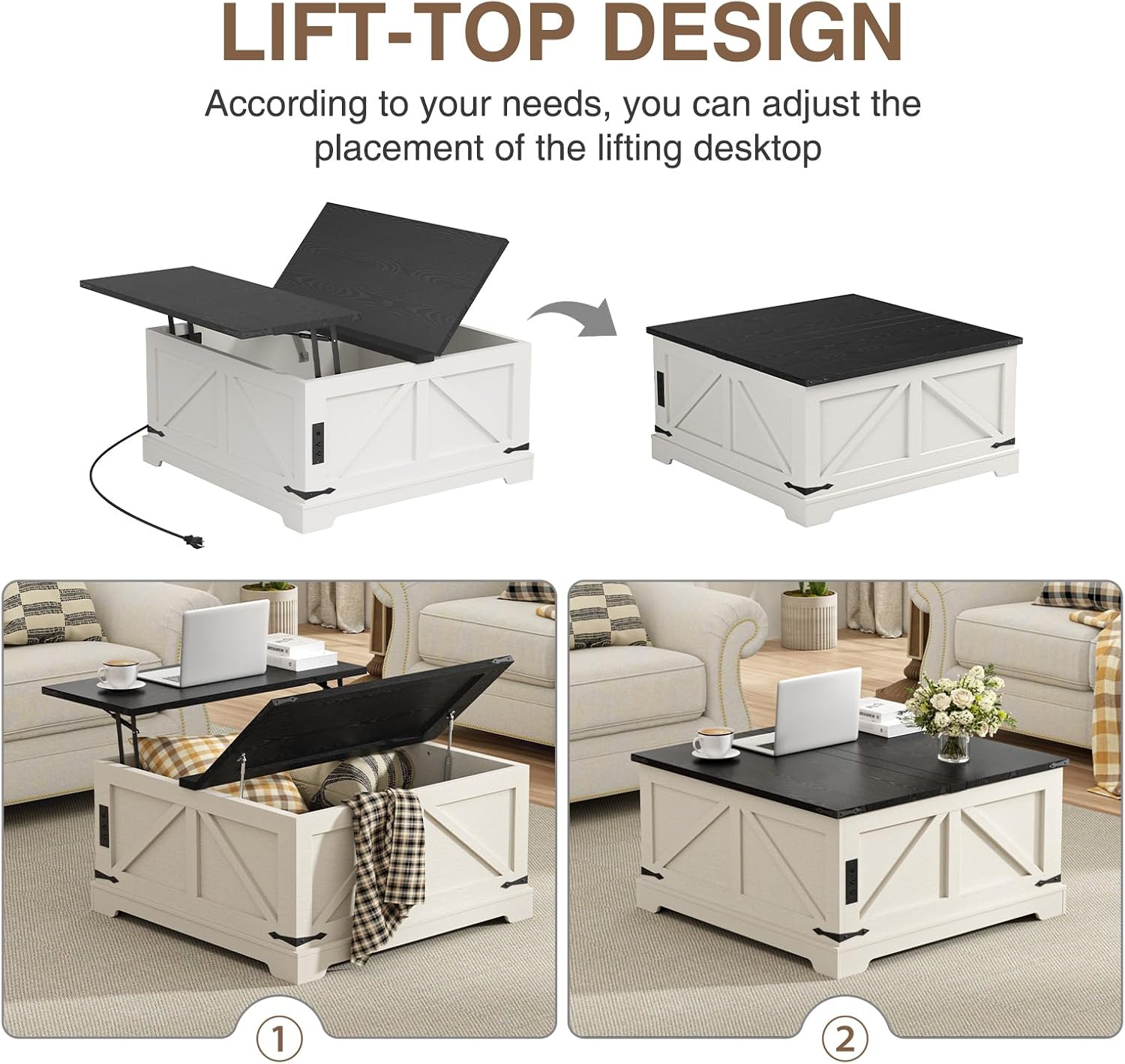FiveWillowise Coffee Table with Storage, Farmhouse Lift Top Wood Square Center Table with Charging Station, Rustic Cocktail Tables with Flip Top Lids for Living Room, Home Office, 35.4' W, White