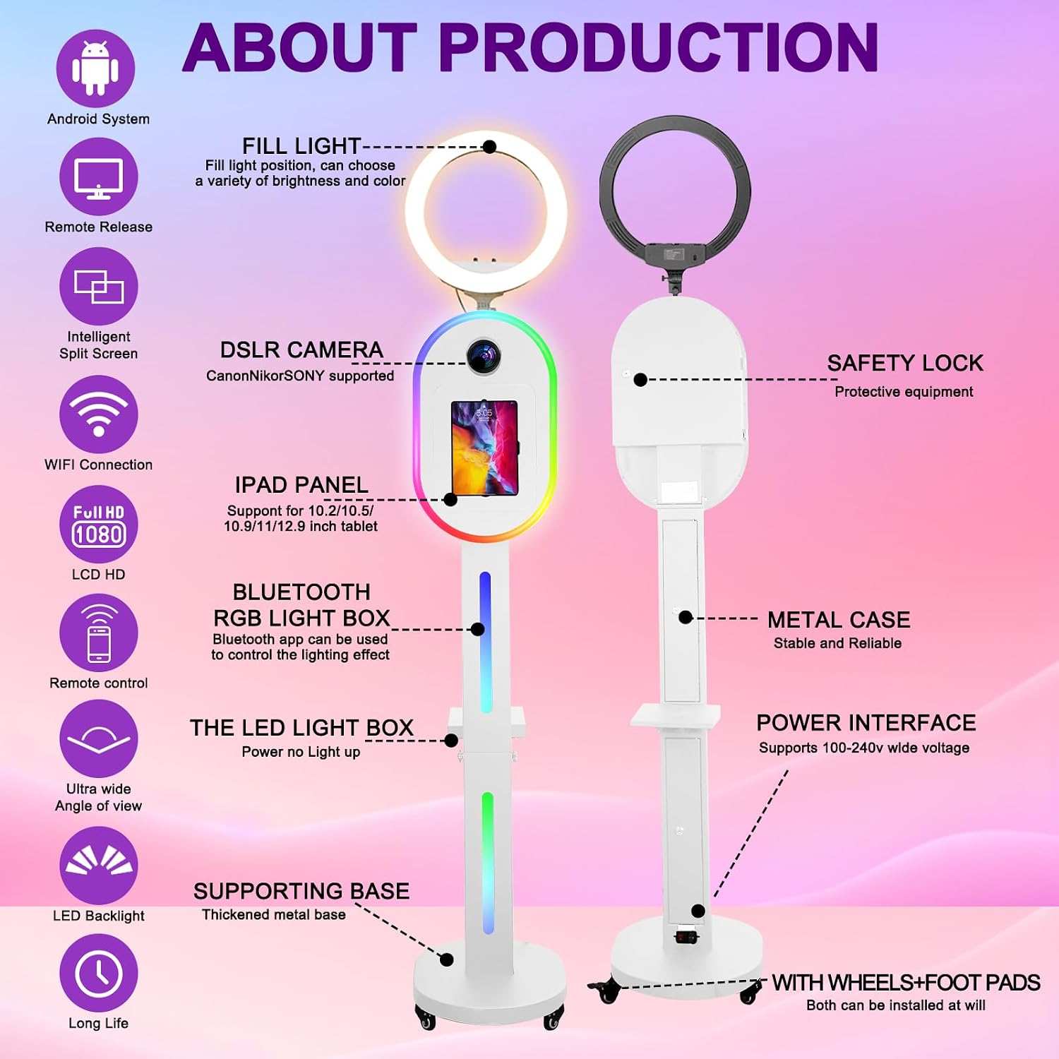 Photo Booth for iPad 10.2' 10.5' 10.9' 11' 12.9' 13' for Camera Dualuse Photobooth Machine Selfie Station Stand APP Control RGB Light Music Sync Light Box with Flight Case for Rental Wedding