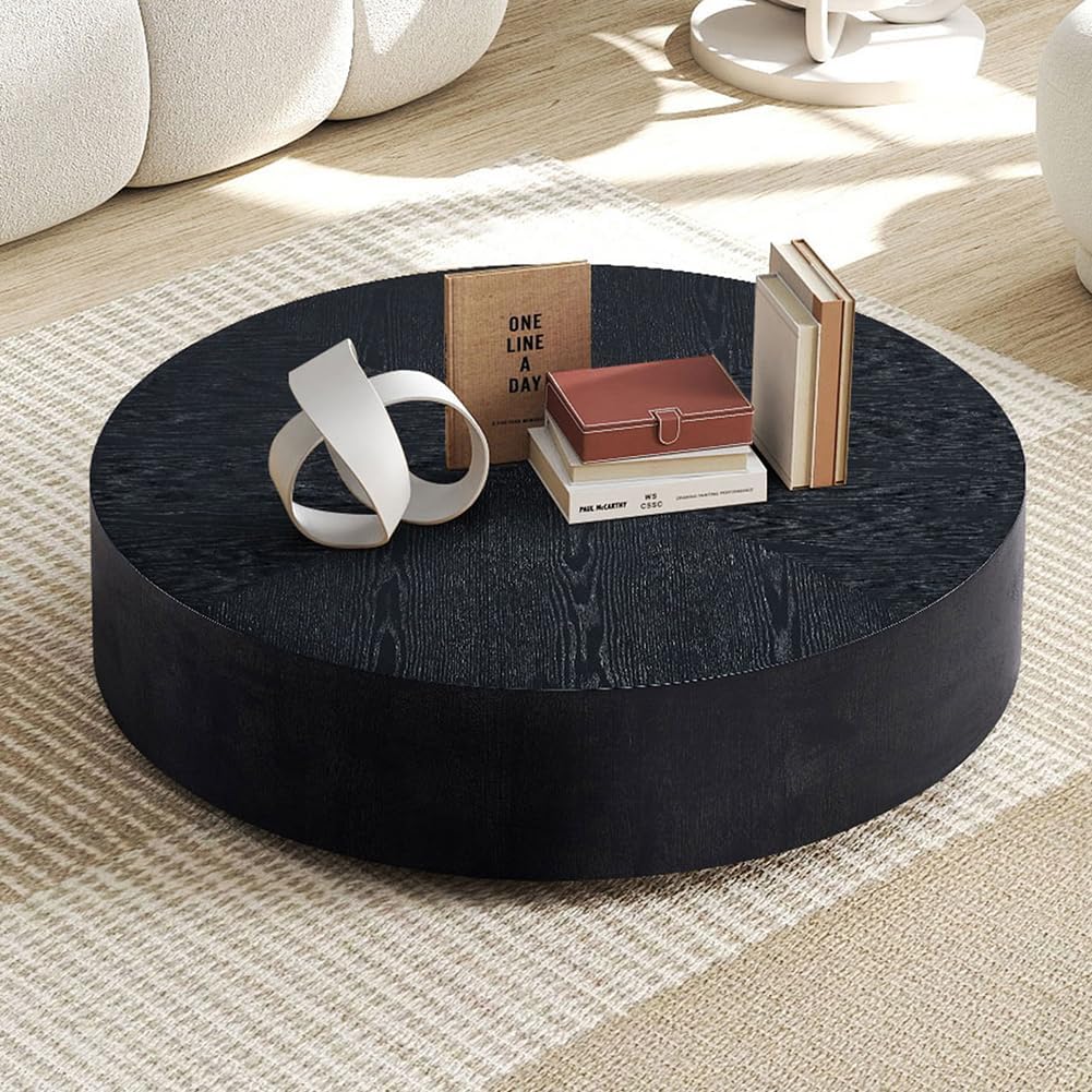 Black Round Coffee Table for Living Room Modern Drum Coffee Table Wood Circle Coffee Table Contemporary Center Table for Apartment, No Need Assembly (MDF 35.43'' - Black)