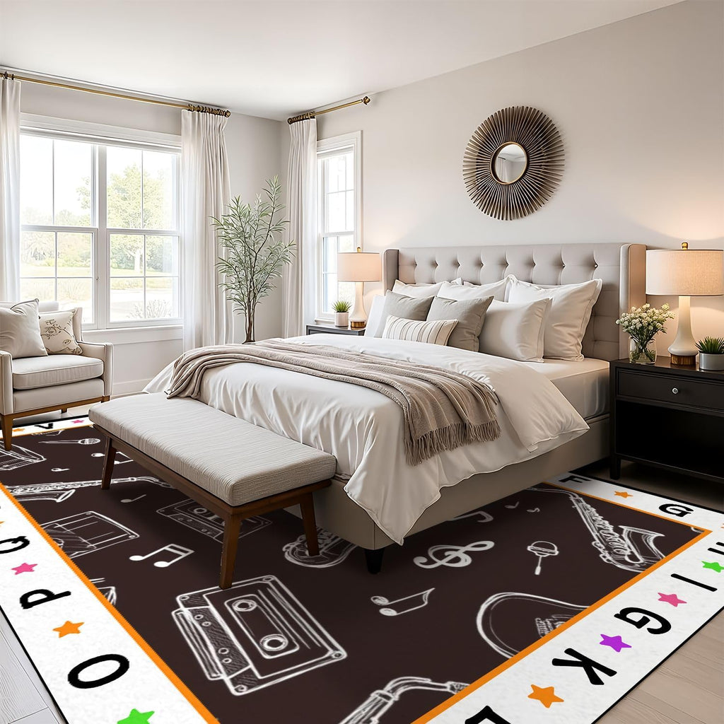10x14 Kids Learning Rug Washable Area Rugs Seamless Musical Instruments Doodle Style Alphabet ABC Learning Carpet Soft Rubber Backed Non-Slip Carpets for Classroom Preschool Nursery