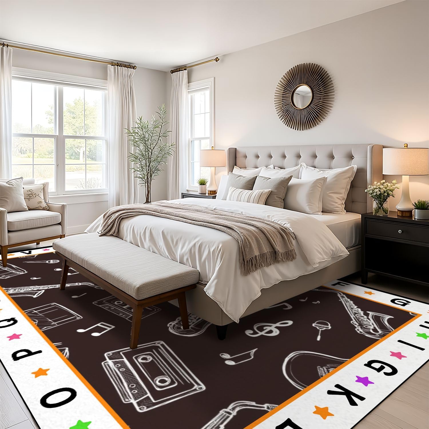 9x12 Kids Learning Rug Washable Area Rugs Seamless Musical Instruments Doodle Style Alphabet ABC Learning Carpet Soft Rubber Backed Non-Slip Carpets for Classroom Preschool Nursery