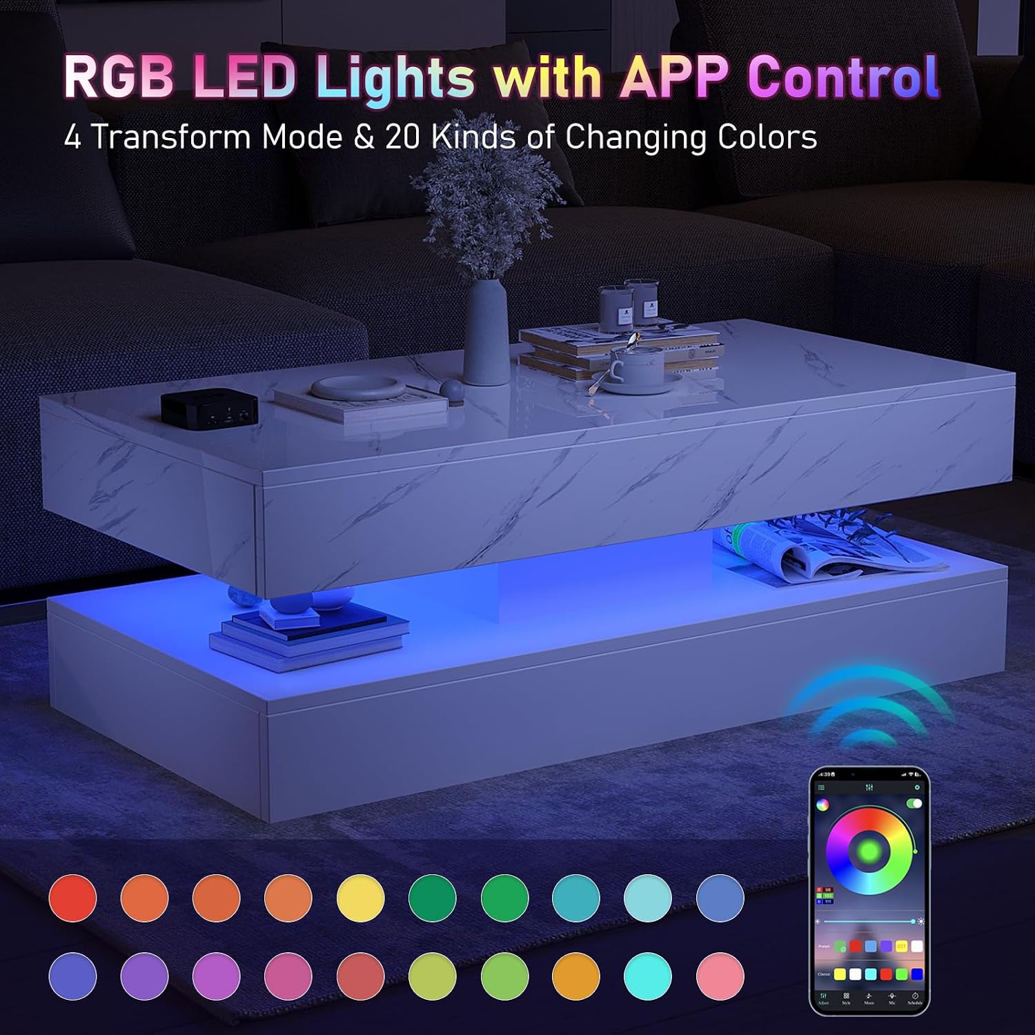 HOMFAMILIA LED Coffee Table with 2 Storage Drawers, Modern High Gloss White Coffee Table w/20 Colors LED Lights, 2 Tiers Rectangle Center Table for Living Room with Marbling Print, APP Control, White