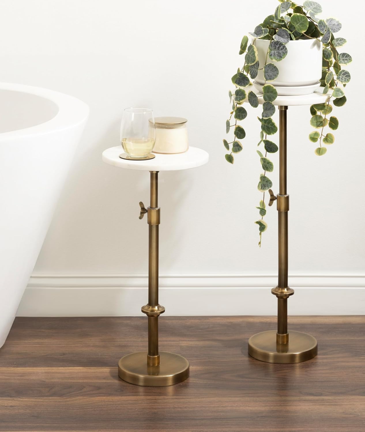 Kate and Laurel Engles Traditional Adjustable-Height Pedestal Drink Table; 10 x 10 x 30; White Marble and Antique Brass; Vintage Round Indoor Metal Plant Stand with Authentic Marble Tabletop