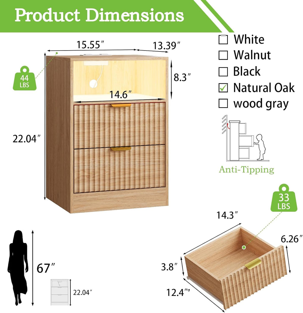 Night Stand Set 2, LED Nightstand with Charging Station, Fluted Nightstands Set of 2 with 2 Drawers, Wood Side Table Living Room, End & Bedside Tables for Bedroom Sofa Office, Natural Oak