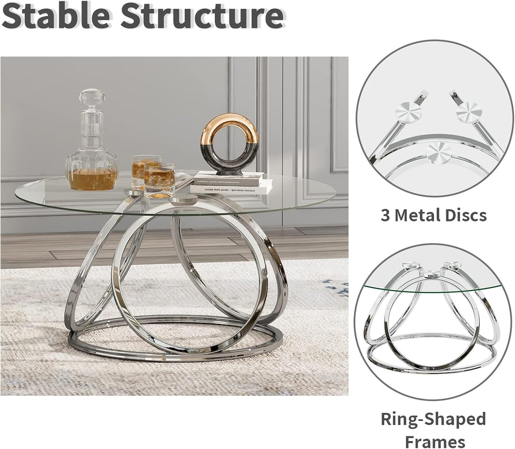 O&K FURNITURE Silver Coffee Table, Modern Glass Coffee Table Living Room Table with Ring-Shaped Frames, Glass Coffee Table for Home&Office, Chrome Finish, 1 PC | Modern
