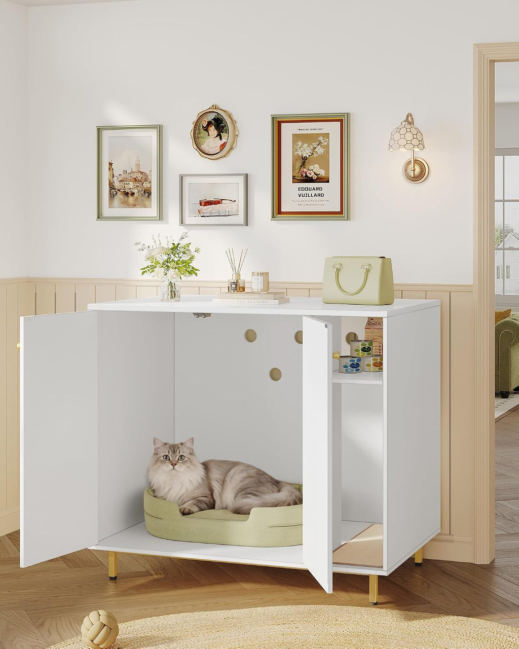 Hzuaneri Extra Large Cat Litter Box Enclosure, Automatic Litter Box Furniture with Scratch Pad, Wooden Modern Self-Cleaning Cat Cabinet with Storage, Cat Washroom, End Table, White and Gold CB87103G