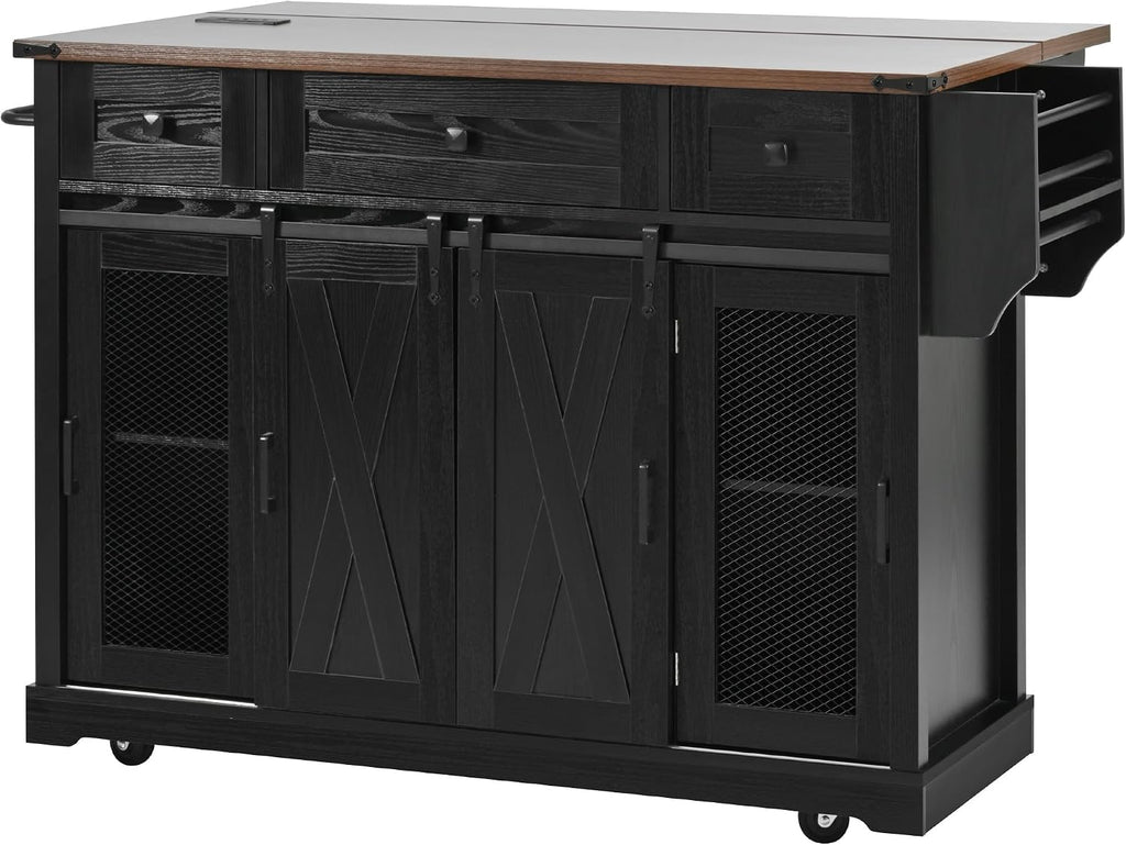 Large Farmhouse Kitchen Island with Drop Leaf, Power Outlet, Sliding Barn Doors and Metal Grid Side Door, 58' Rustic Storage Island Glass Holders for Dining Room
