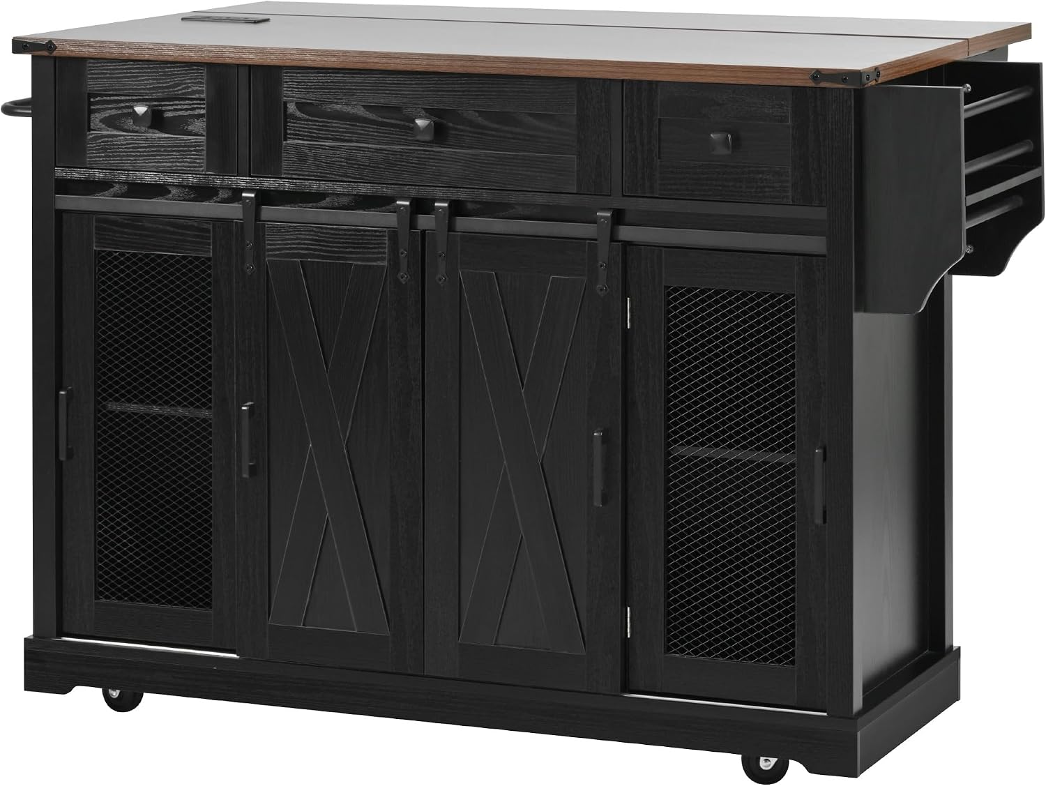 Large Farmhouse Kitchen Island with Drop Leaf, Power Outlet, Sliding Barn Doors and Metal Grid Side Door, 58' Rustic Storage Island Glass Holders for Dining Room