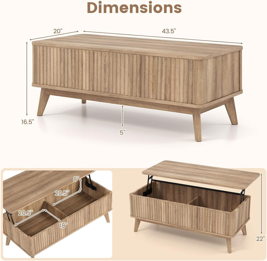 Giantex Lift Top Coffee Table with Storage, 43.5' Mid Century Modern Center Table with Solid Wood Leg & Hidden Compartment, Minimalist Fluted Living Room Table for Home Office, Oak
