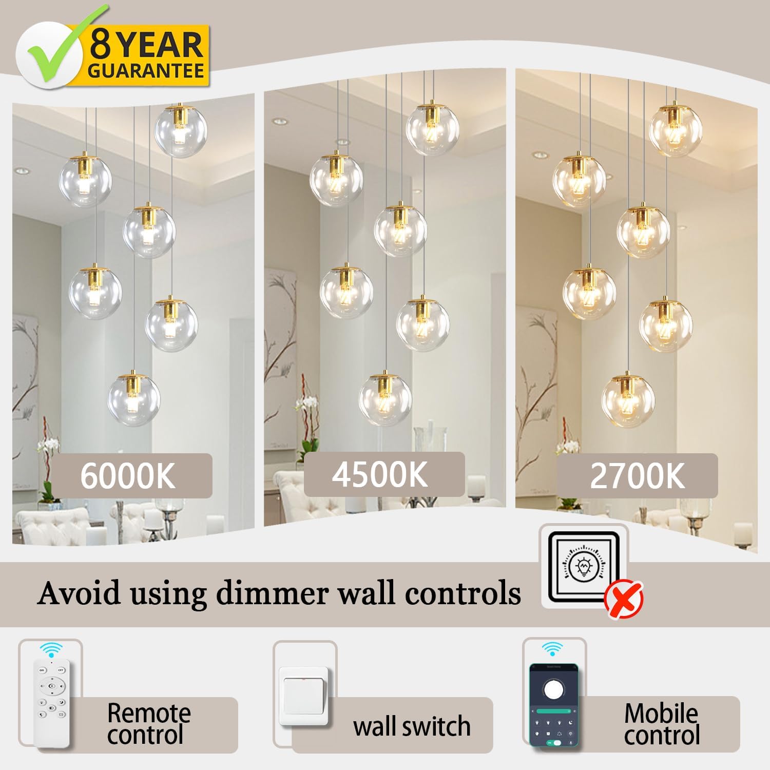 ykolupty 6-Light LED Staircase Modern Glass Globe Pendant Light Gold Chandeliers Large Chandeliers for High Ceilings, Entryway Lighting Fixture Villas and Stairs