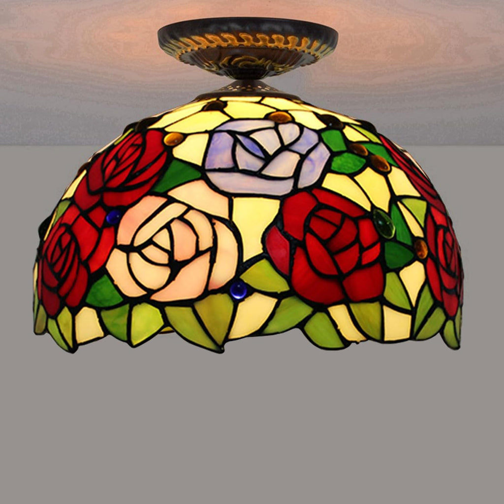 Tiffany Stained Glass Single Lampshade 12 Inch Colored Rose Table Lamp Shade Pendant Hanging Light Fixture Ceiling Lamp Replacement Shade Red Orange Blue Pink Flower Green Leaves,B1