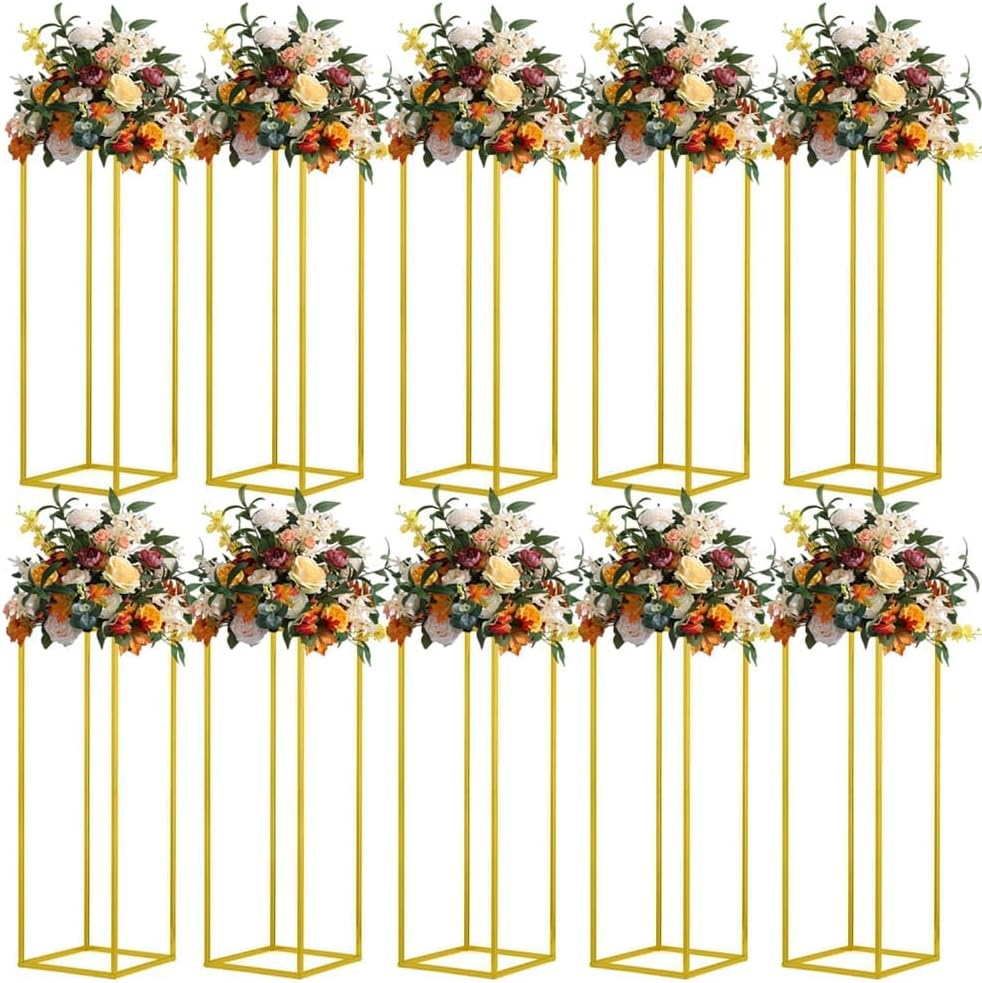 31.5inch 10pcs Gold Wedding Cenerpiece Flower vase, Metal Column Flower Stand, Tall Geometric Centerpieces Vase for Table, Party Wedding Decorations Flower Rack
