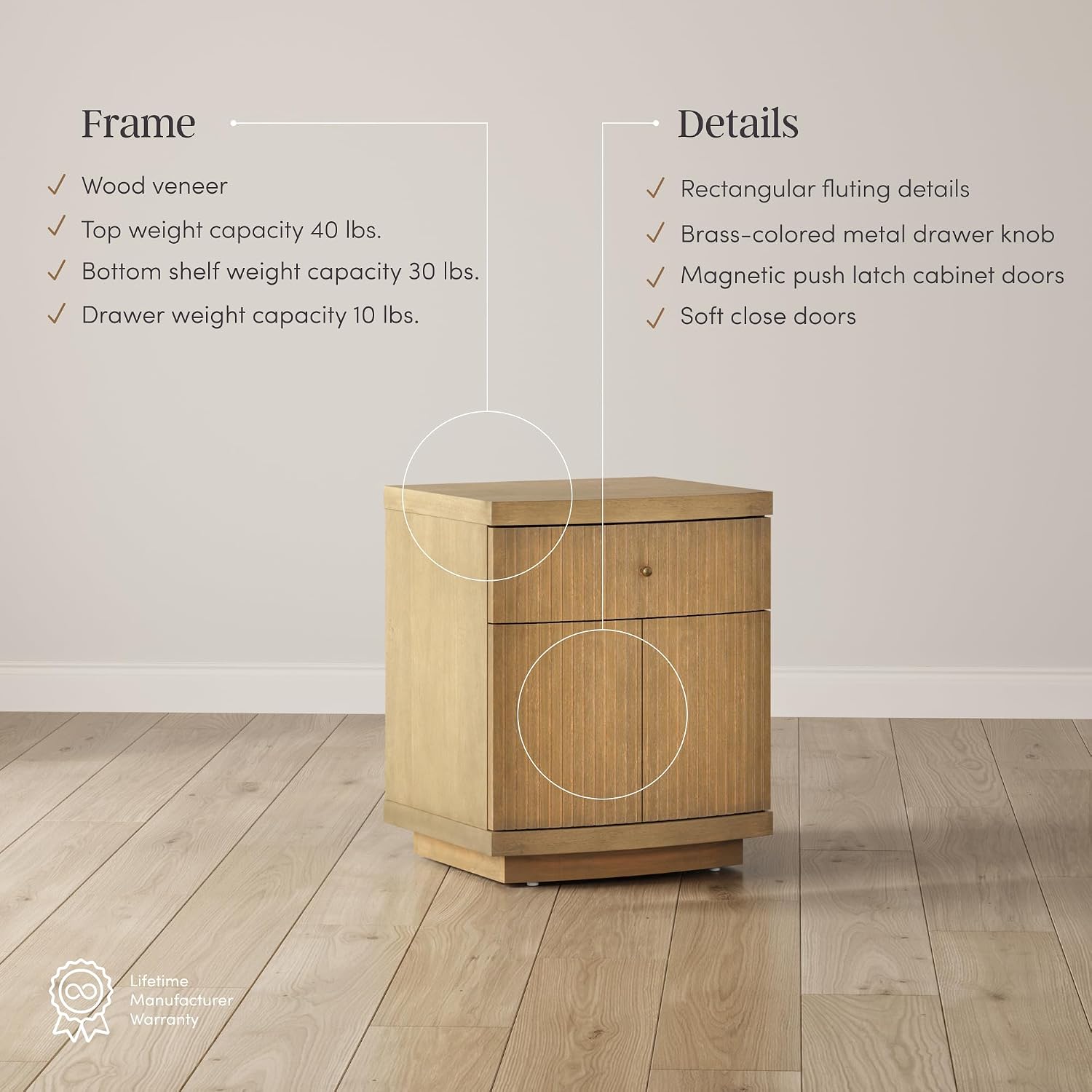 Nathan James Tambellini Mid Century Modern Nightstand, Bedside Table with Drawer and Cabinet Storage, Solid Wood Legs and Fluted Door Fronts, Light Brown