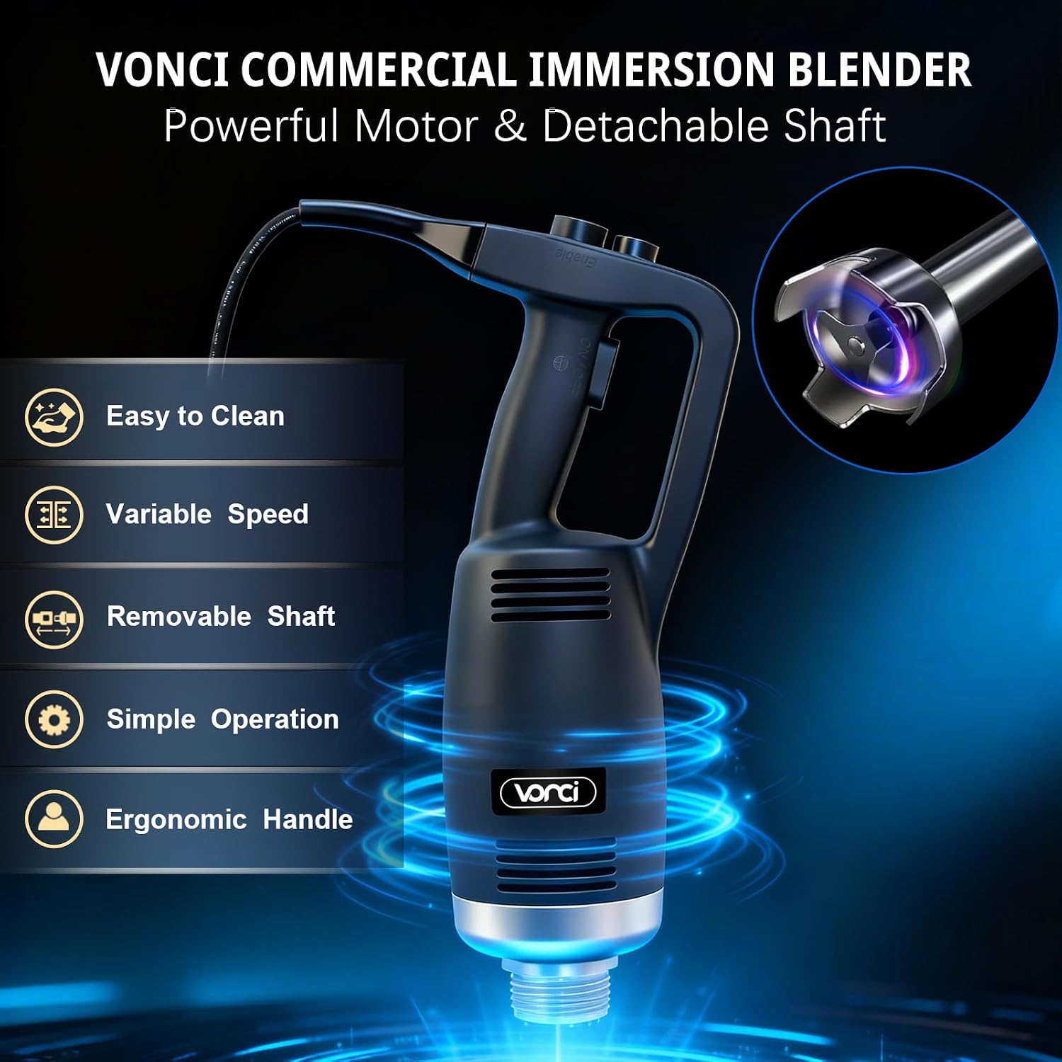 VONCI 750W Commercial Immersion Blender, Extra Heavy Duty Hand Blender with Variable Speed 8000-19000RPM, Handheld Stick Mixer with 22' SUS 304 Shaft, Commercial Emulsifier for Restaurant Kitchen.