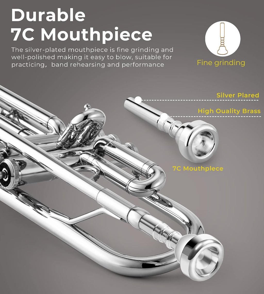 Vangoa Trumpet Bb Standard Student for School Band Brass Orchestra Adult Kid Beginner with Stand, Hard Case, Cleaning Kit, Gloves and 7C Mouthpiece, Silver