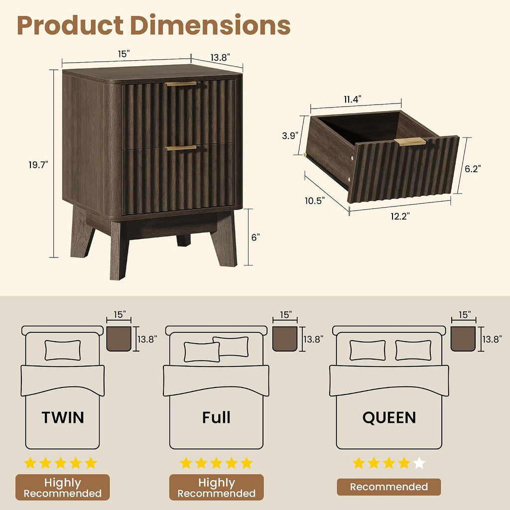Fluted Nightstand Set of 2, Modern End Table with Metal Handle,2 Storage Drawers Side Table,Bedside Table for Bedroom,Wood Nightstands,Curved Profile Design Furnitue, Walnut