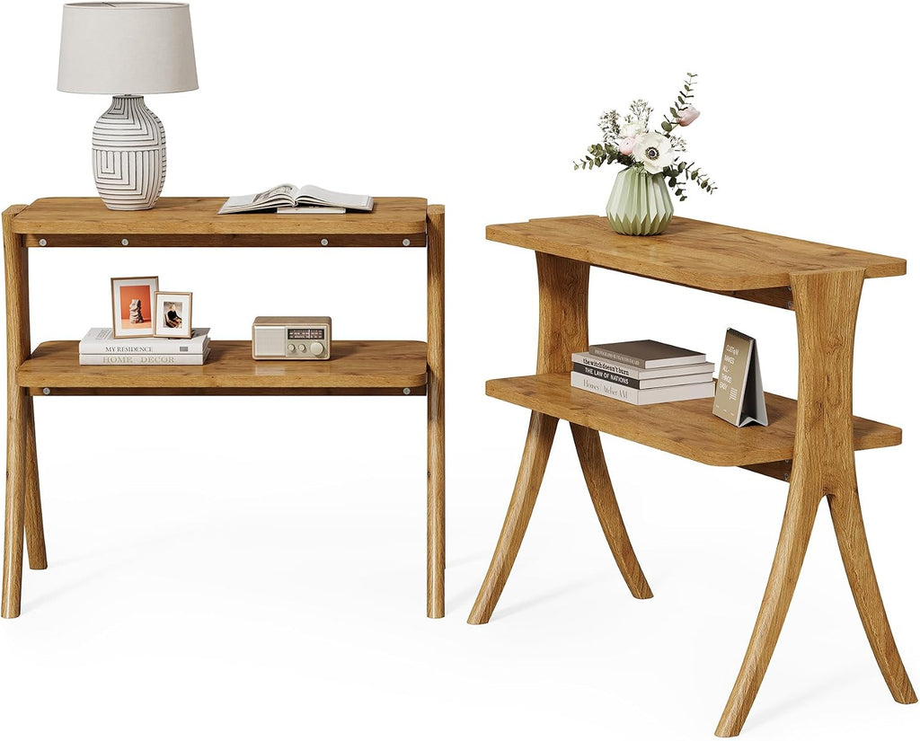 LITTLE TREE Narrow Side Table Set of 2, Small Side Table, 2-Tier Farmhouse End Table with Solid Wood Legs, Space-Saver for Living Room, Bedroom, Entryway (Light Walnut)