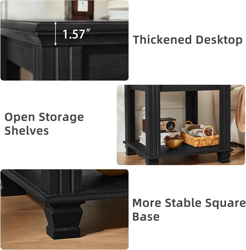 SAVOR LIFE Farmhouse End Table Set of 2,Large Side Table with 2-Tier Storage Shelf,Rustic Wood End Tables for Living Room,Square Tea Table, Black