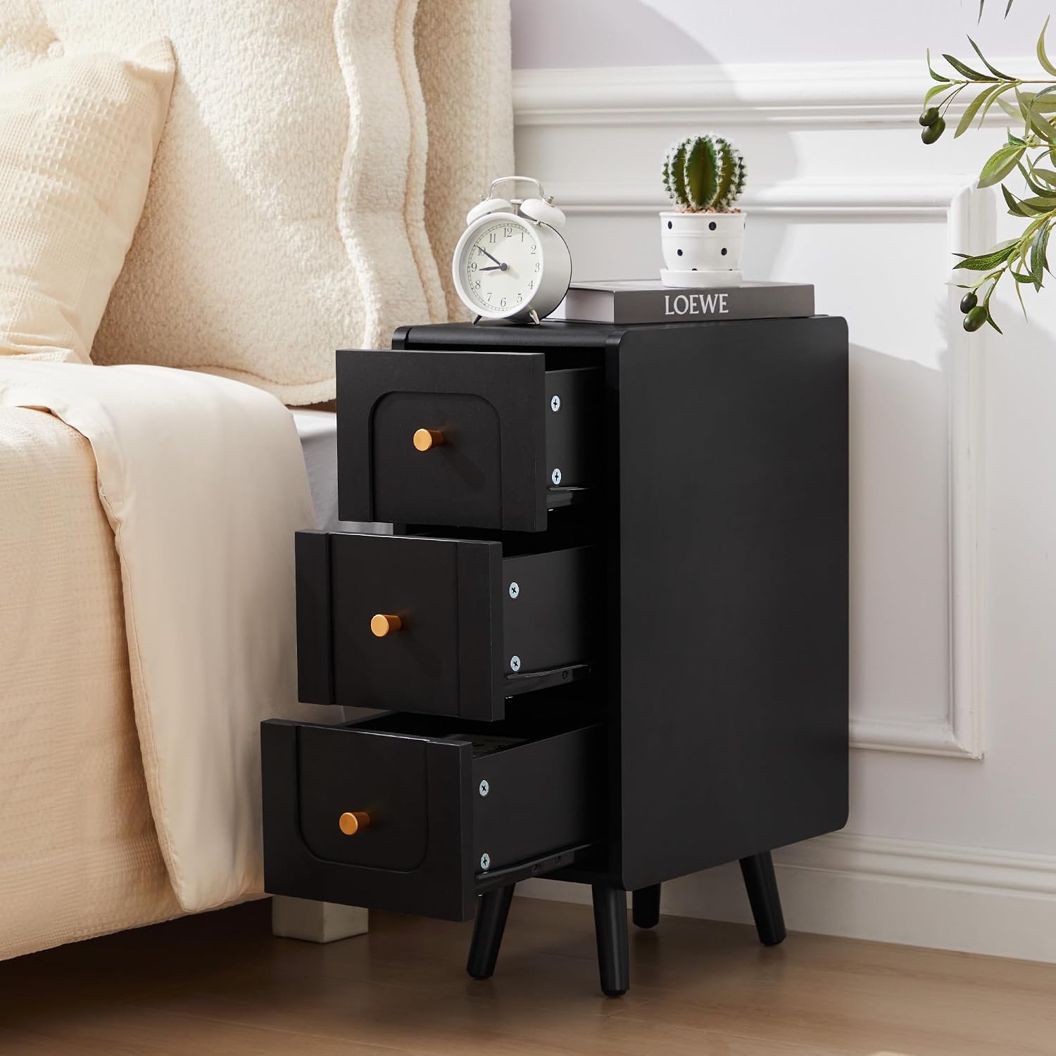 Small Nightstand Set of 2, Narrow Nightstand Slim Couch Side Table with Drawers, Wood End Tables with Storage for Living Room, Bedroom, Small Spaces (3Drawers-Black-2PCS)