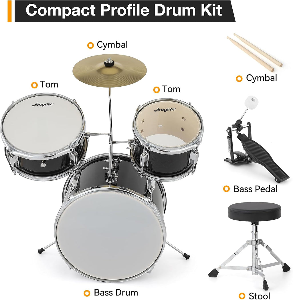 3-Piece Beginner Drum Set, Beginner Drum Set,with Bass Tom Snare Drum, 14 Inch Drum Kit with Snare, Cymbal, Drumsticks, Adjustable Seat (Metallic Black)