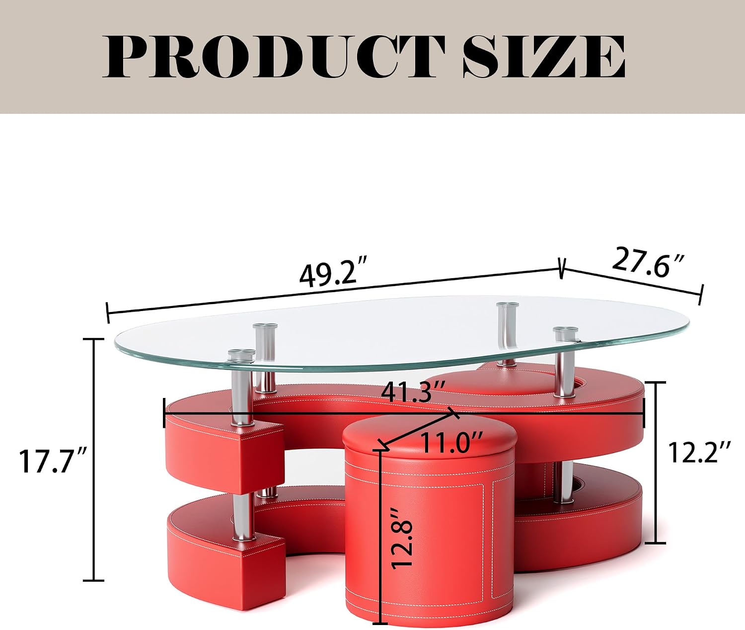 Oval Glass Coffee Table Set of 3, 0.39' Tempered Glass Top and S Shape Base, Modern Coffee Table with 2 Leather Stools, Accent Coffee Table for Living Room Bedroom, Red