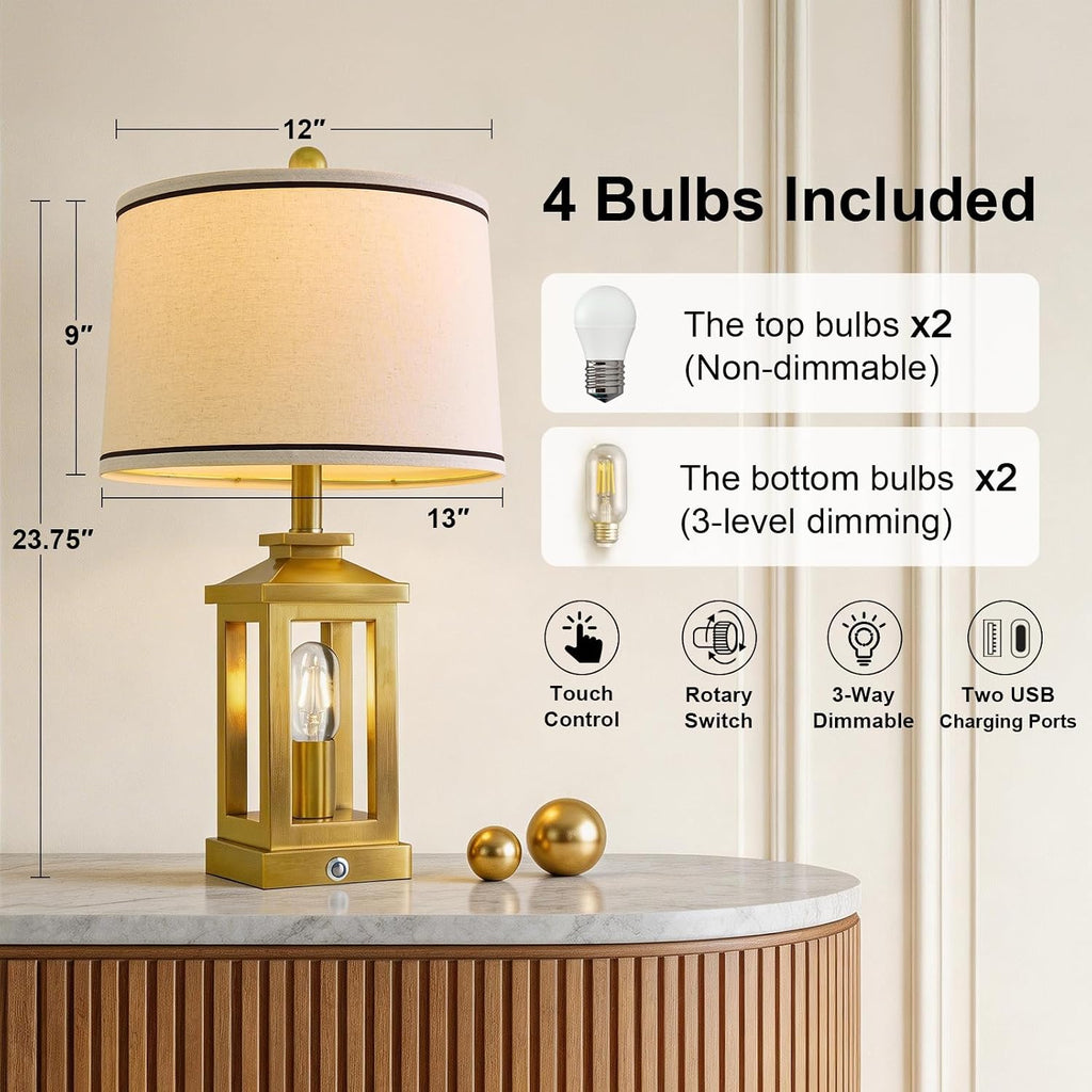 G-SAFAVA 24' Table Lamps for Living Room Bedroom Modern Gold Bedside Lamps Set of 2 Nightstand Lamps for Night Stands 3 Way Dimmable Touch Lamp with USB C+A Ports and 2 Light Sources, 4 Bulbs Includes