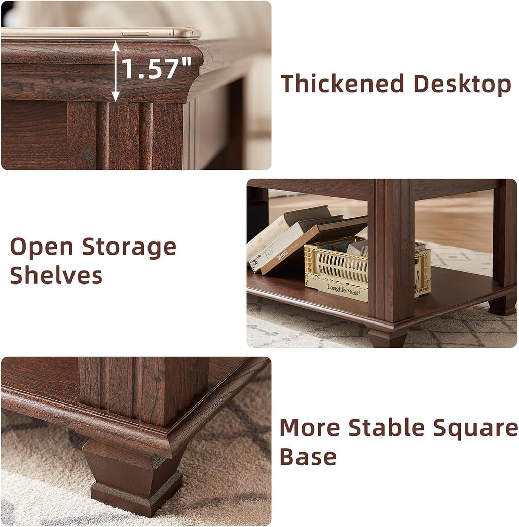 SAVOR LIFE Farmhouse Coffee Tables for Living Room,Square Living Room Tables with Open Storage Shelf,Large Modern Coffee Table,Rustic Brown Center Table,Walnut