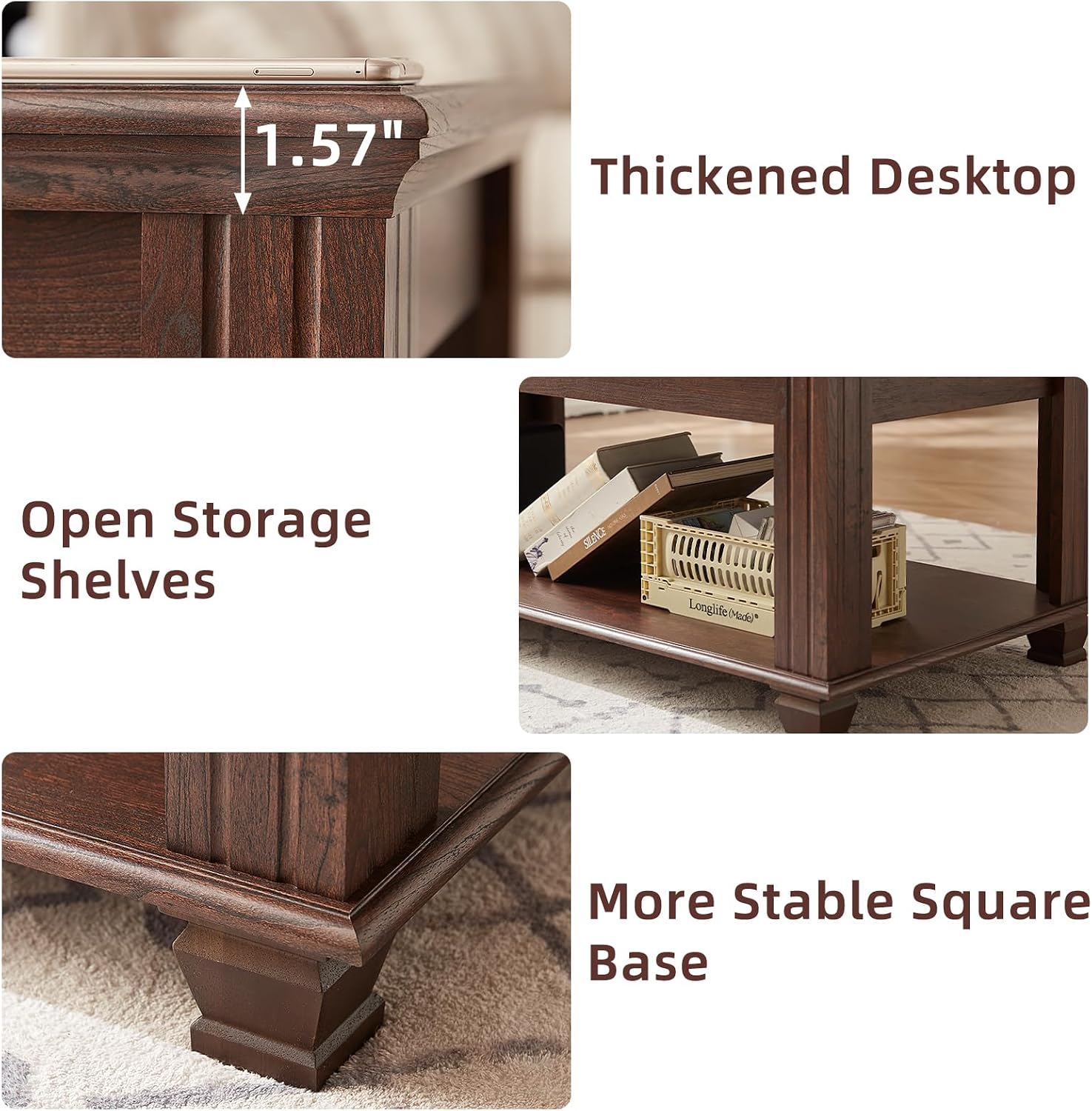 SAVOR LIFE Farmhouse Coffee Tables for Living Room,Square Living Room Tables with Open Storage Shelf,Large Modern Coffee Table,Rustic Brown Center Table,Walnut