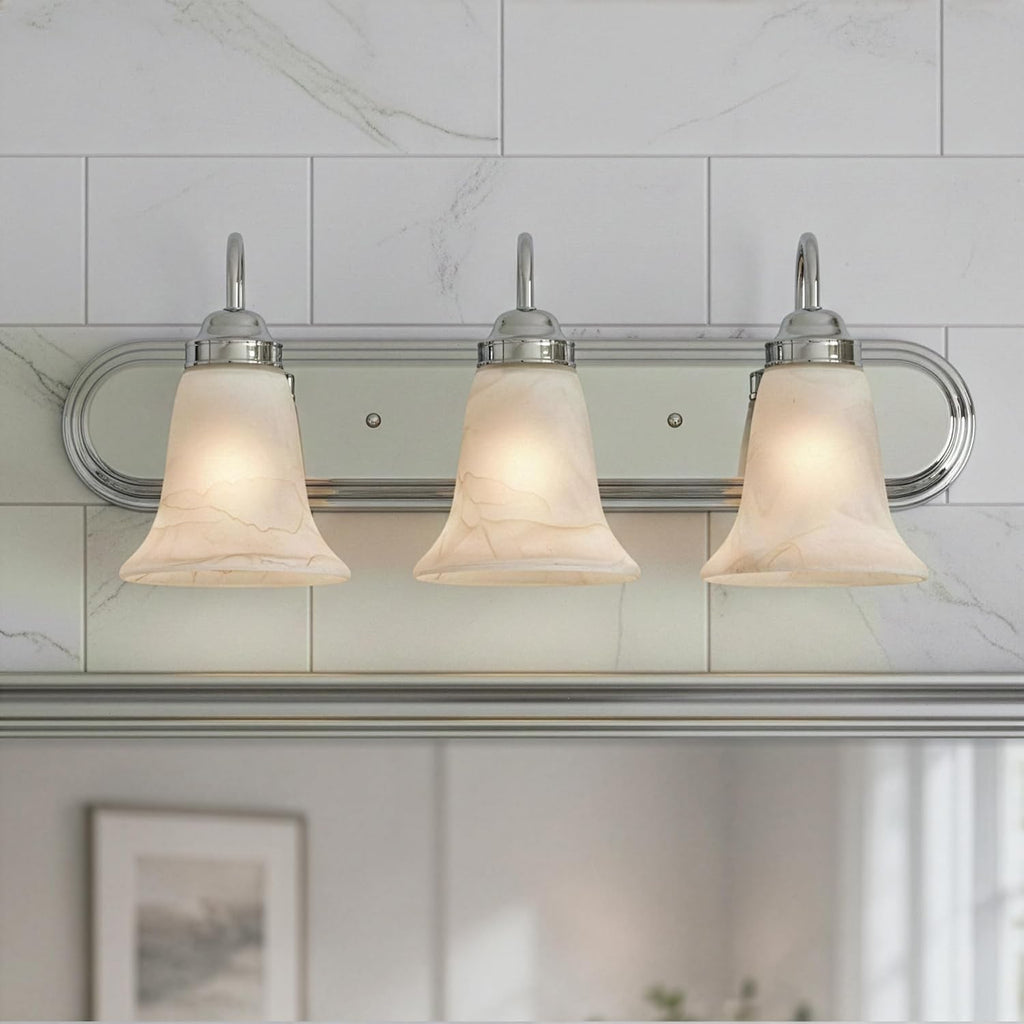 Elk Home Homestead Bathroom Vanity Light, 3-Light Traditional Fixture, Chrome with Alabaster Glass Shade, 24 Inch Wide
