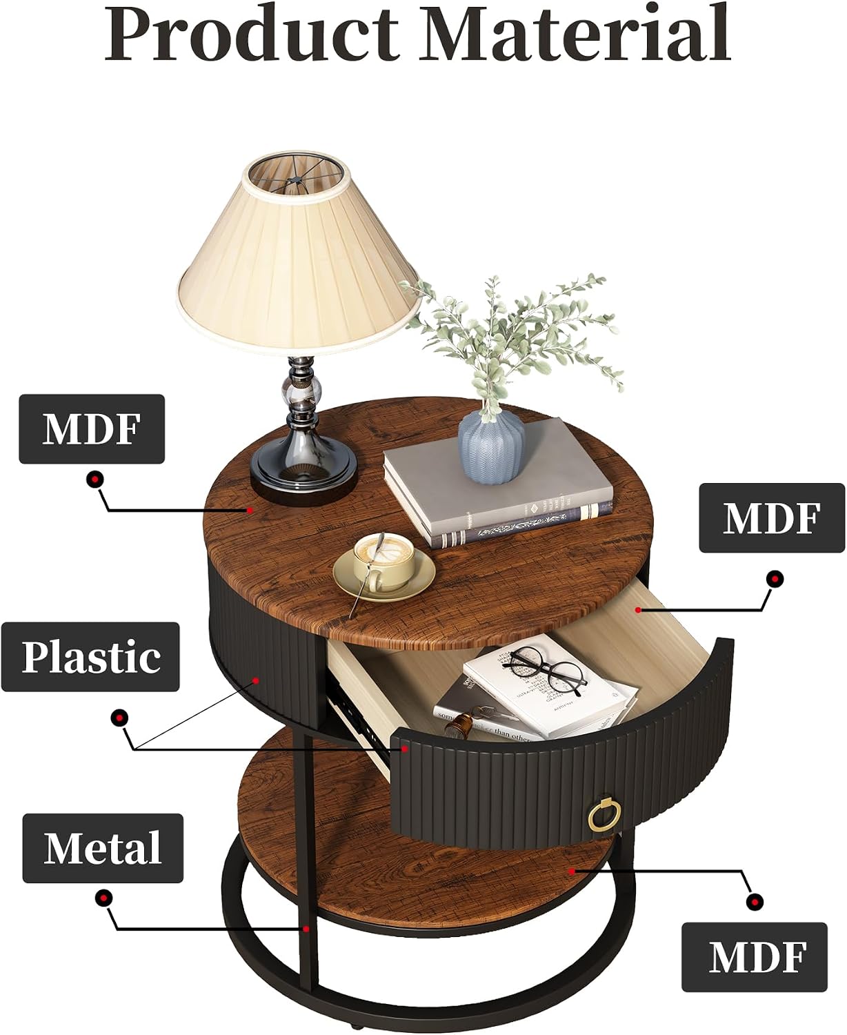 OIOG Round End Table with Drawer, Modern Wood Grain Side Table with Shelf, 2-Tier Nightstand with Drawer for Living Room, Bedroom, Rustic Brown and Black