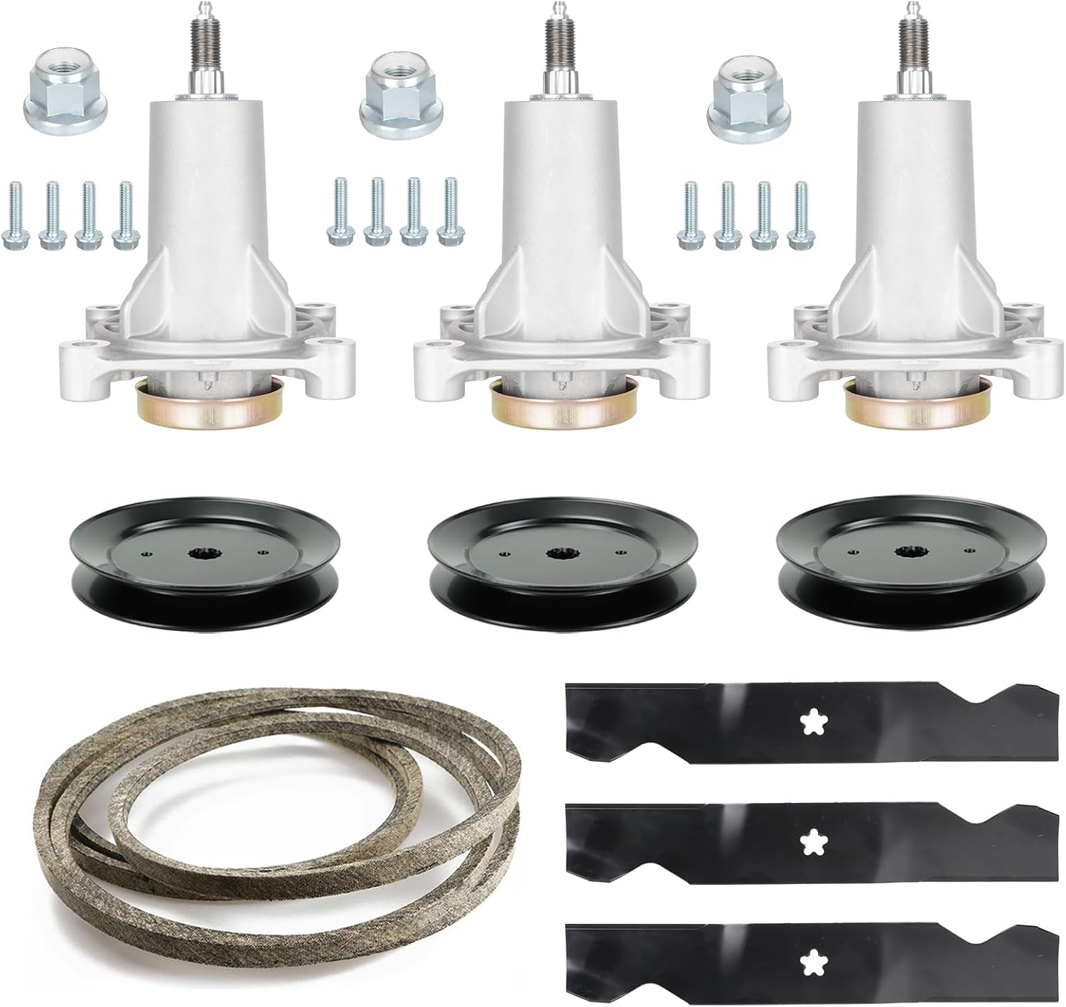 54' Deck 187292 Spindle Rebuild Kit for Craftsman/for Husqvarna YTH2454 LGT2654 LGT2554,Include 3 Spindles 187292 192870, 3 Pulleys 129861, 3 Blades 187256, 1 147 1/2' Deck Belt 196103